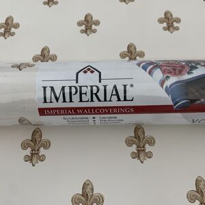 Imperial  Fleur-De-lis Wallpaper Gold On Off White Background 20.5 X 11yds